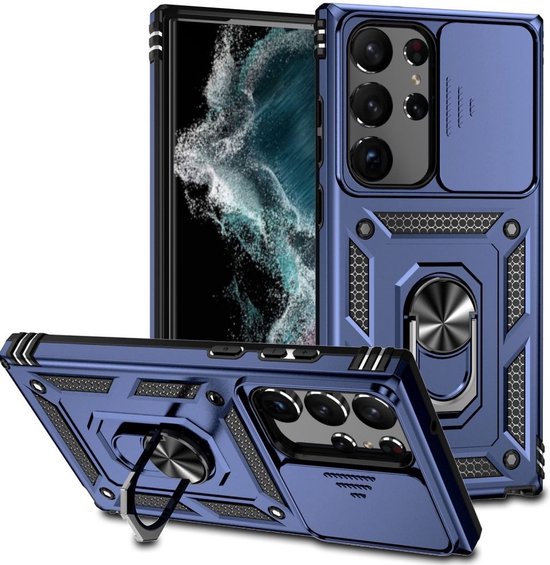 Samsung Galaxy S23 Ultra Case Camera Slider and Kickstand Ring Blauw