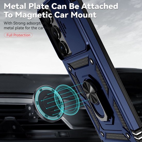 Coque de téléphone bleue avec support bague, pouvant se fixer magnétiquement à un support de voiture.