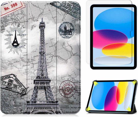 Tablethoes en Screenprotector geschikt voor Apple iPad 10 10.9 (2022) - Tri-fold hoes met Auto/Wake functie en Magnetische sluiting - Eiffeltoren