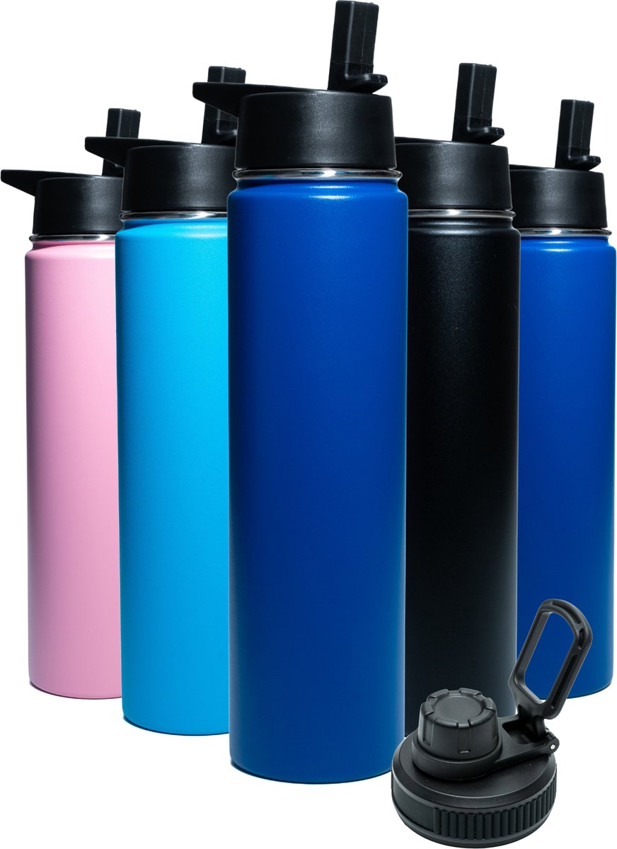 Bidon - Navy Blue - 700 ML - Extra Dop Met Rietje & Drinktuit - Bidon Met Rietje - Isoleerfles - BPA vrij - Lekvrij