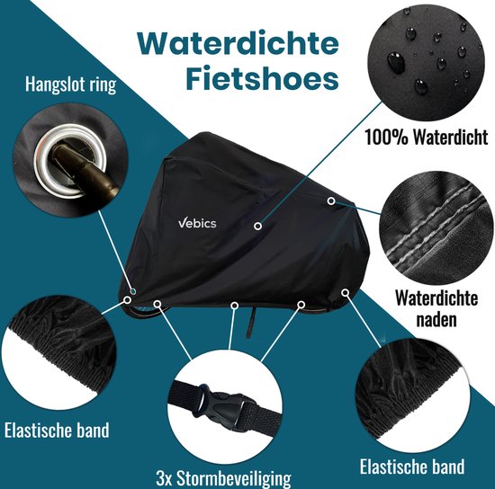 Details van de Vebics waterdichte fietshoes: hangslotring, elastische band, stormbeveiliging, waterdichte naden en 100% waterdicht.