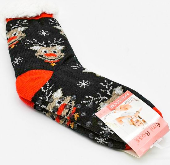 Merino Wollen kerstsokken - Sokken - Zwart met Rudolph - maat 35-38 - Huissokken - Antislip sokken - Warme sokken – Winter sokken