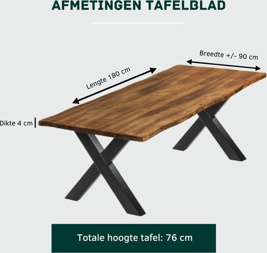 Boomstamtafel - Eettafel Boomstam effect - Tafelpoten Metaal Zwart X - 180x90 - Robustiek Wonen