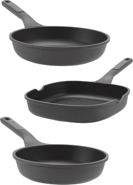 3 Delige Downdraft Koekenpan set - Stone 24 cm - Leo -Braadpan Stone 20 cm -Grillpan Stone 26 cm