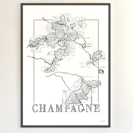 Poster zwart wit - Champagne - wijnkaart - 50 x 70 cm - landkaart - wijnliefhebber