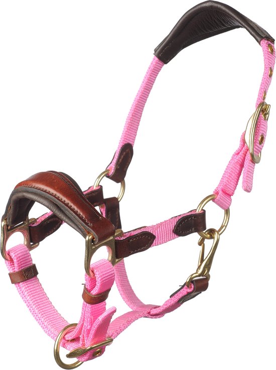Roze halster met bruine lederen details en gouden gespen.