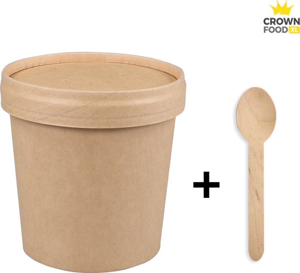 100st Soup Cup Soep Beker karton 500ml incl deksels + 100 lepels hout - Crown Food XL