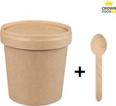 100 pcs Soup Cup Soup Cup en karton 500 ml avec couvercles + 100 cuillères en bois - Crown Food XL