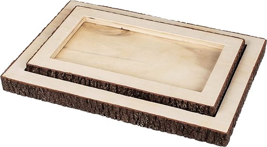 COM-FOUR® 2x houten dienblad - rechthoekig houten dienblad met boomschors - decoratief dienblad in verschillende maten - kamerdecoratie (2 stuks - bruin)