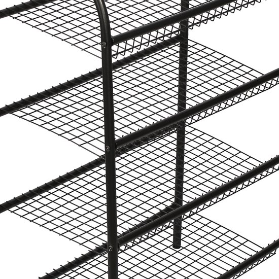 Gedetailleerd beeld van de zijkant van een zwart, metalen schoenenrek met meerdere roosterplanken.