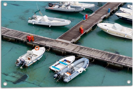 Tuinposter – Kleine Speedbootjes in de Haven - 75x50 cm Foto op Tuinposter (wanddecoratie voor buiten en binnen)