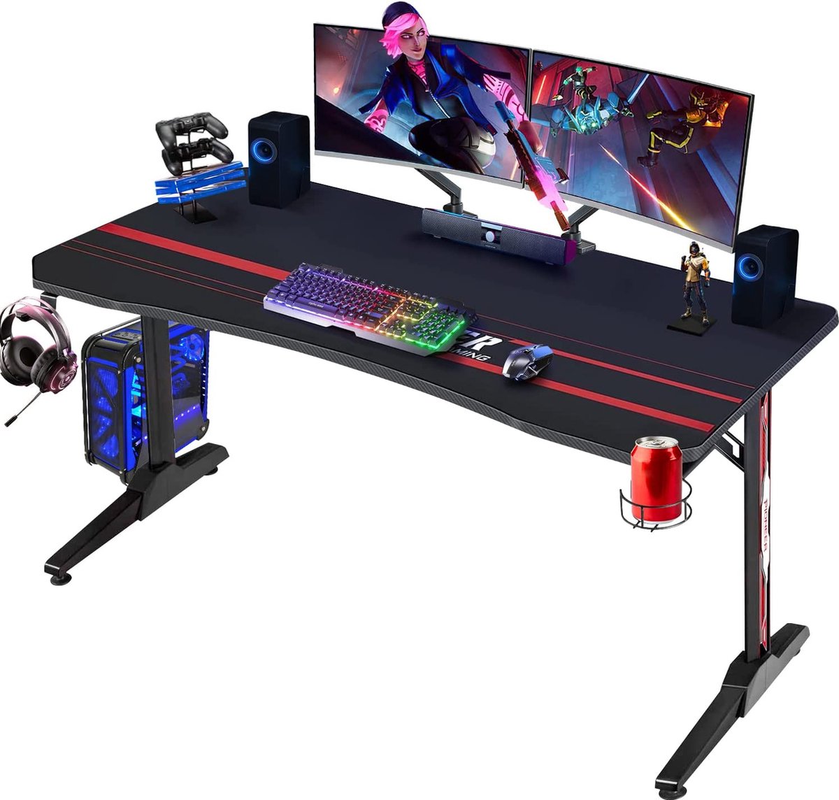 Gaiming Table Gaming Desk Gamer Computer Desk Ergonomic PC Desk with Cup Holder and Headphone Holder T-shaped