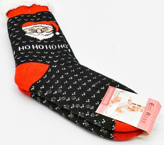 Merino Wollen Sokken - Zwart met Kerstman - Maat 35/38 - Kerstsokken - Huissokken - Anti slip sokken - Warme sokken - Winter sokken