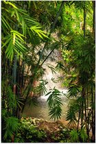 WallClassics - Poster Glanzend – Bamboe bij Waterval - 60x90 cm Foto op Posterpapier met Glanzende Afwerking