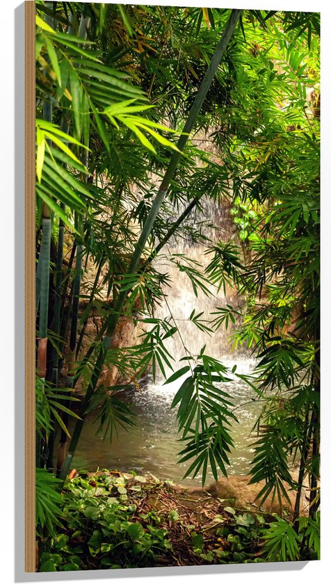 WallClassics - Hout - Bamboe bij Waterval - 50x100 cm - 12 mm dik - Foto op Hout (Met Ophangsysteem)