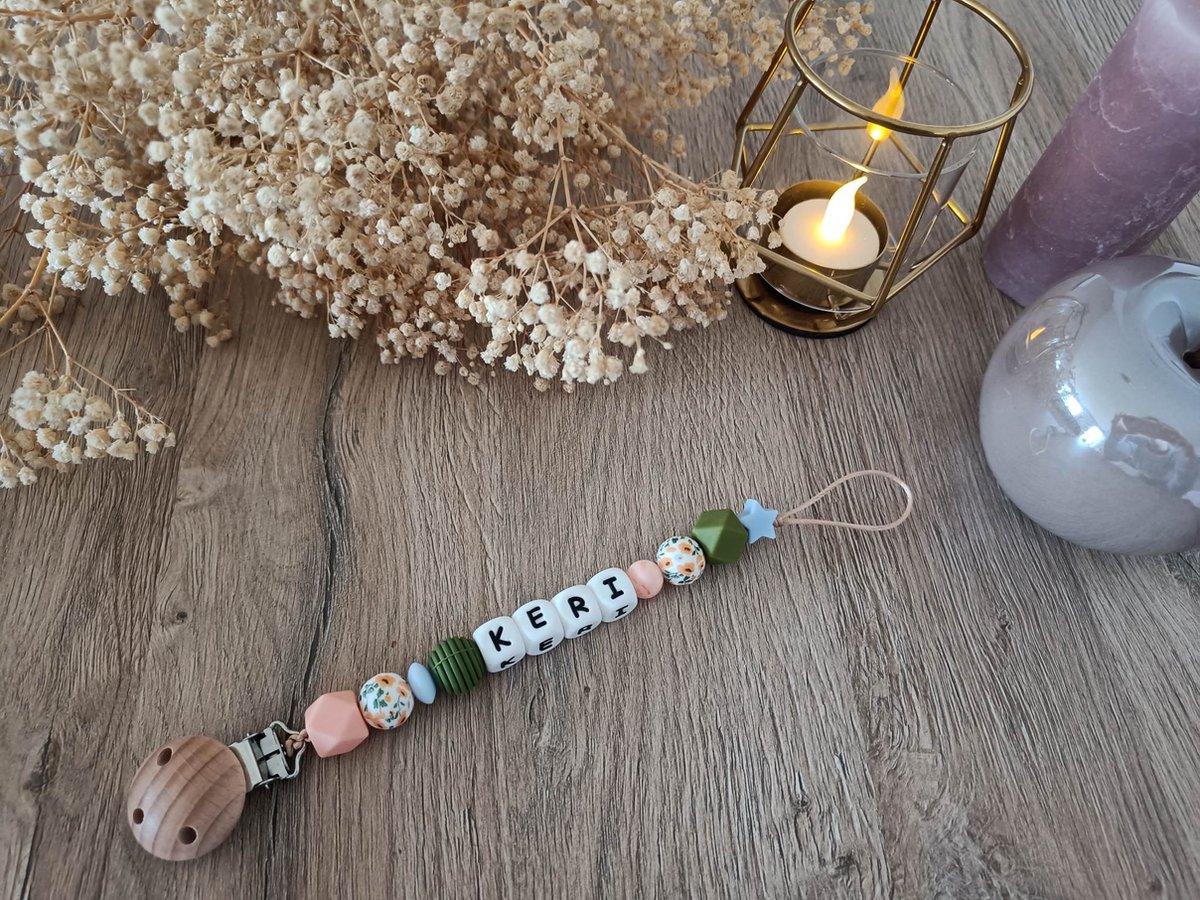 Fopspeenketting met naam - Gepersonaliseerde speenketting - Kraamcadeau - Gepersonaliseerd cadeau - Ketting voor fopspeen - Orange Flower