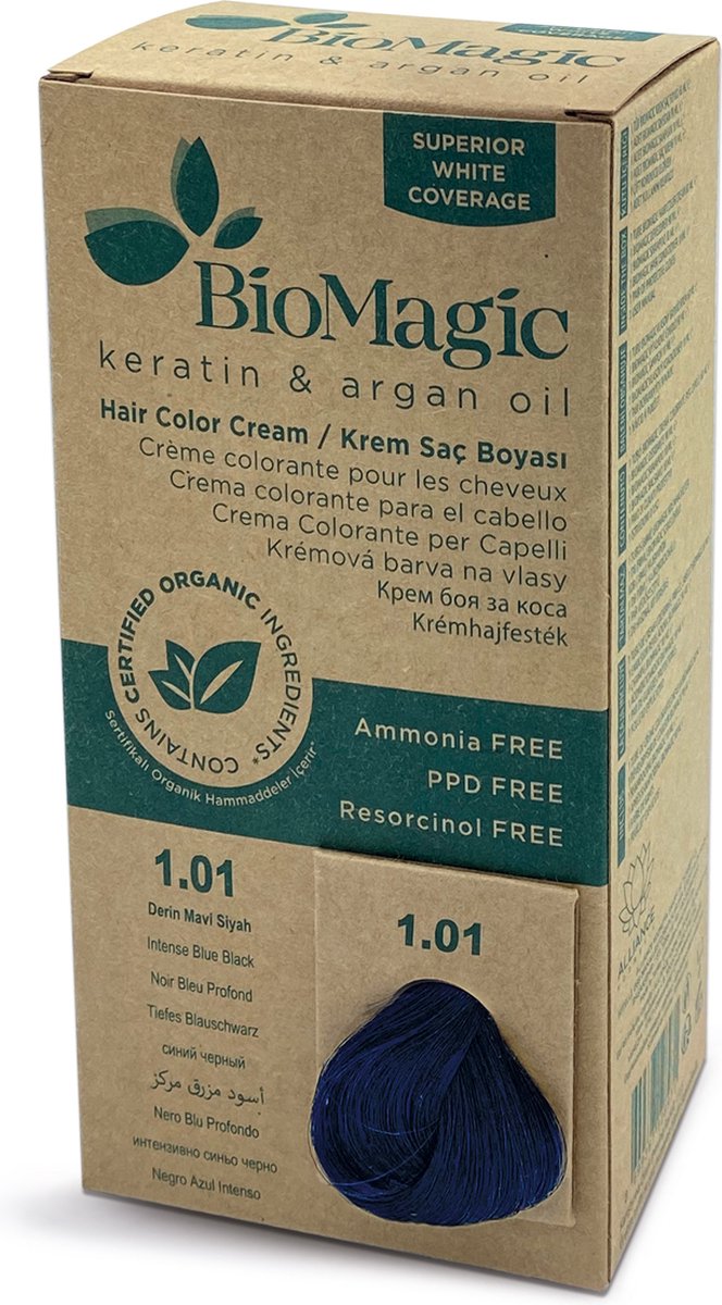 Natuurlijke Biologische haarverf, verrijkt met Keratine en Arganolie, zonder Ammoniak, PPD en Resorcinol- INTENS BLAUW ZWART 1/01 - Je haar kleuren en verzorgen in één met BioMagic permanente haarverf! - Organic - Dierproefvrij