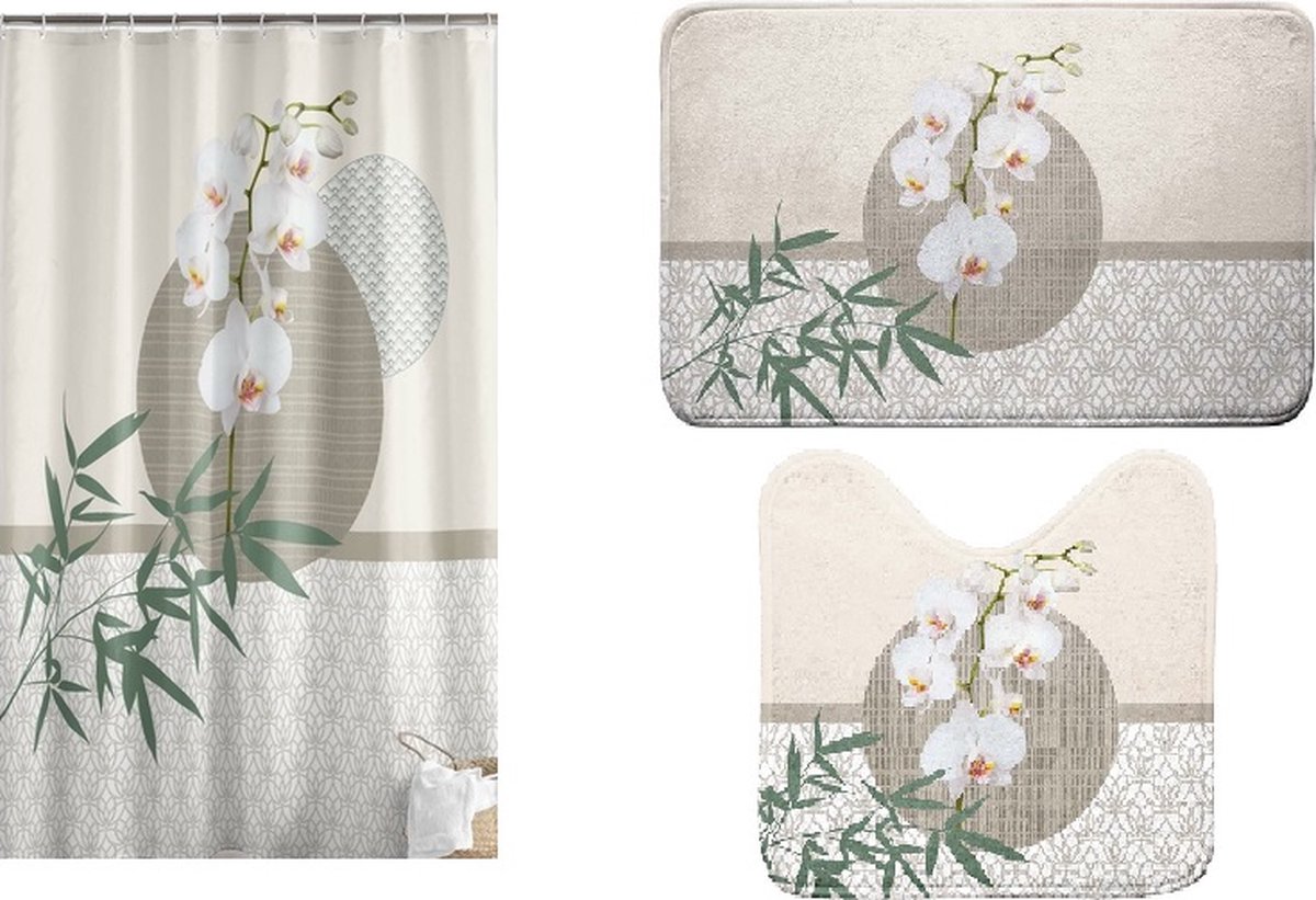 Livetti Badkamer Set 3 Delige Douchegordijn Badmat Wcmat Creme Azia
