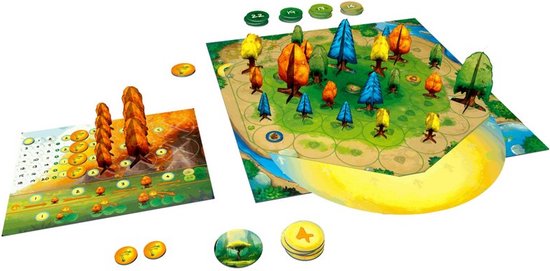 Het bordspel Photosynthesis met speelborden, gekleurde speelstukken van bomen en munten.