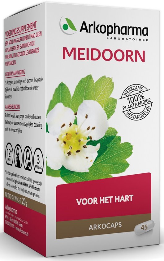 Verpakking Arkocaps Meidoorn, 'voor het hart', met bloem en bladeren, 45 capsules.