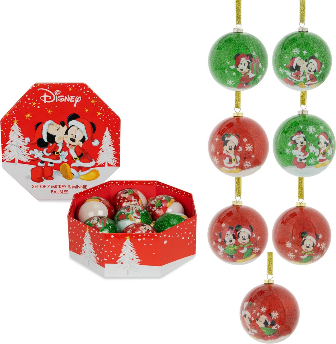 Disney set kerstballen Mickey & Minnie Mouse - Ø 7cm - rood & groen - 7stuks