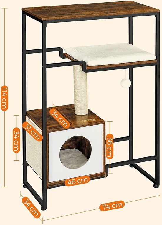 COSTWAY Krabpaal rotan, kattenboom klein, kattenkrabpaal met platform & 3 speelballen & krabpalen & bed, klimcentrum, kattenmeubels, bruin (3 verdiepingen - 40 x 40 x 80 cm