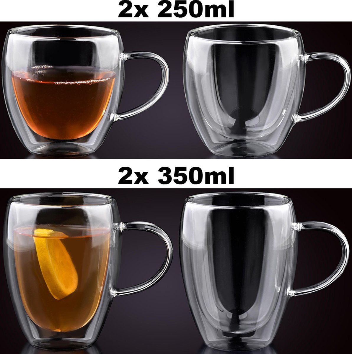 MONOO Dubbelwandige Glazen met Oor - 2x 250ml + 2x 350ml - Koffieglazen - Espresso Glazen - Cappuccino Glazen - Latte Macchiato Glazen