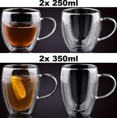 Bol.com MONOO Dubbelwandige Glazen met Oor - 2x 250ml + 2x 350ml - Koffieglazen - Espresso Glazen - Cappuccino Glazen - Latte Ma... aanbieding