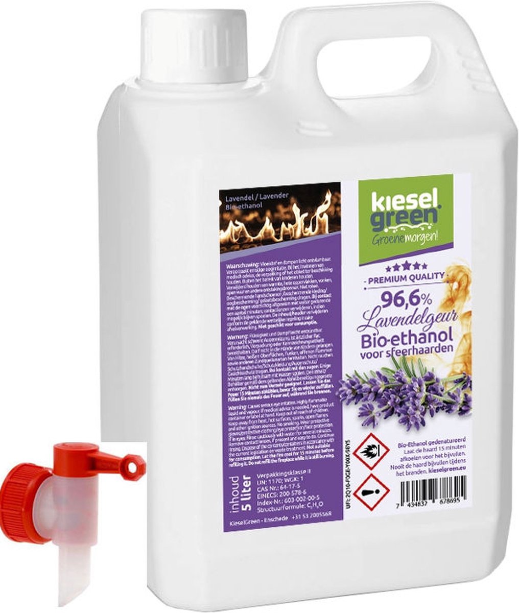 KieselGreen 5 Liter Bio-Ethanol met Lavendel Aroma - Bioethanol 96.6%, Veilig voor Sfeerhaarden en Tafelhaarden, Milieuvriendelijk - Premium Kwaliteit Ethanol voor Binnen en Buiten