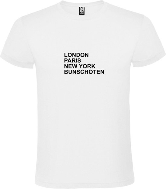 Wit T-Shirt met “ LONDON, PARIS, NEW YORK, BUNSCHOTEN “ Afbeelding Zwart Size XXXL