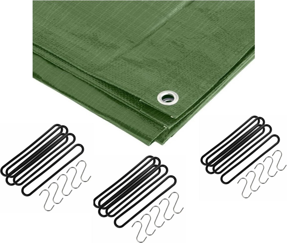 FX Tools - Afdekzeil groen 4 x 5 meter met 15x spanrubbers en S-haken