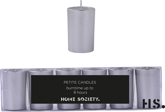 Home Society - Votive - Mini kaarsen in zilveren glaasjes - zilver - set van 6 windlichtjes - ideaal als cadeau