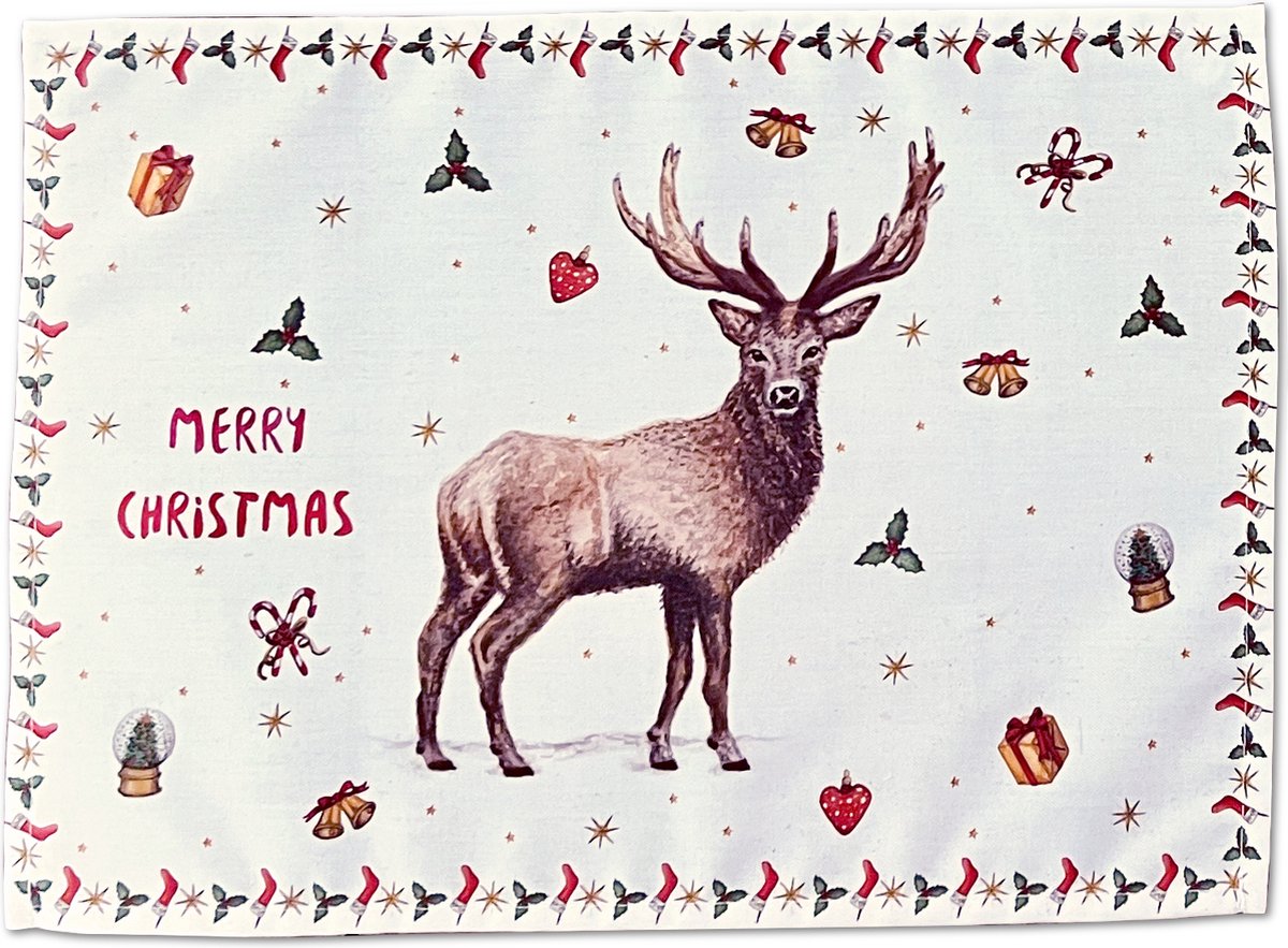 World of Mies kerst placemat hert - kerstmis tafelversiering - textiel - kerst tafeldecoratie - met aquarel geschilderd door Mies