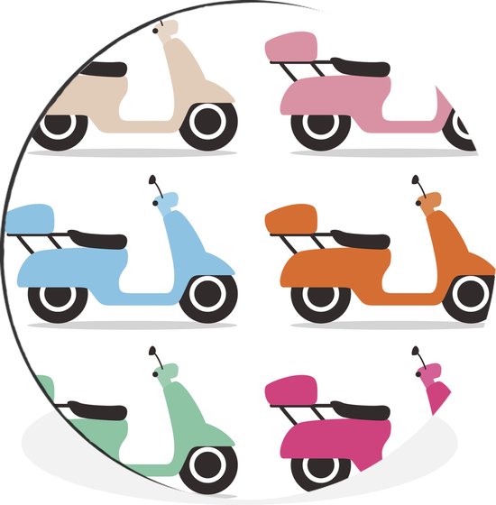 WallCircle - Wandcirkel - Muurcirkel - Illustraties van scooters in verschillende kleuren - Aluminium - Dibond - ⌀ 60 cm - Binnen en Buiten