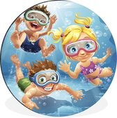 WallCircle - Wandcirkel - Muurcirkel - Kinderillustratie van zwemmende kinderen - Aluminium - Dibond - ⌀ 140 cm - Binnen en Buiten