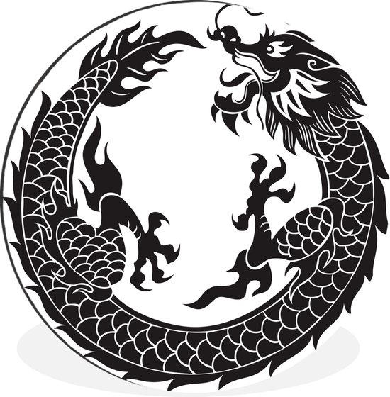 Illustration Zwart et blanc d'un dragon chinois cercle mural aluminium ⌀ 60  cm 