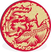 WallCircle - Wandcirkel - Muurcirkel - Traditionele Chinese illustratie van een draak en een feniks - Aluminium - Dibond - ⌀ 120 cm - Binnen en Buiten XXL