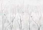Fotobehangkoning - Behang - Vliesbehang - Fotobehang Winterbos - Vogels in het Bos - Winter Forest - 400 x 280 cm