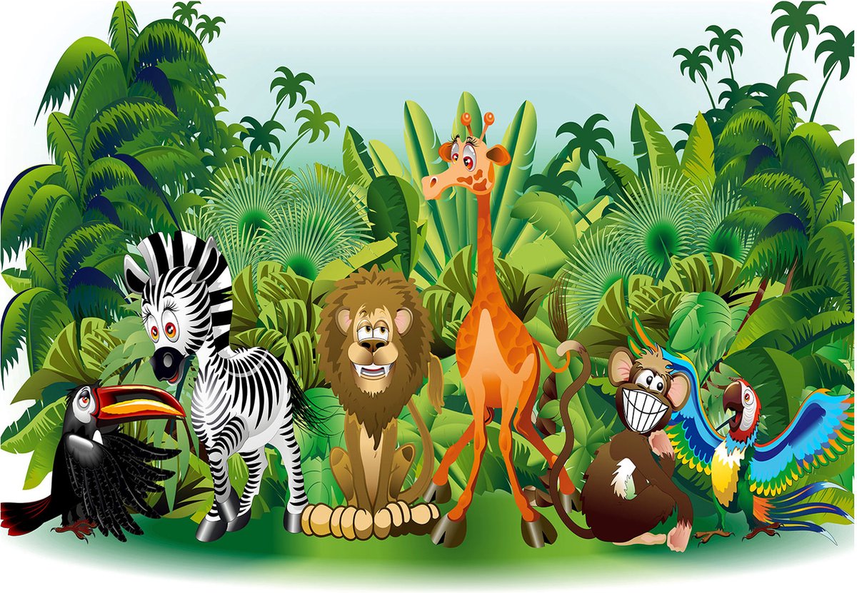 Fotobehangkoning - Behang - Vliesbehang - Fotobehang - Kinderbehang Jungle Dieren - Jungle Animals - 450 x 315 cm