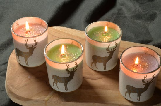 Candles by Milanne, Kerst-Herten Kaarsen set in glas - BEKIJK VIDEO - Set van 4 stuks