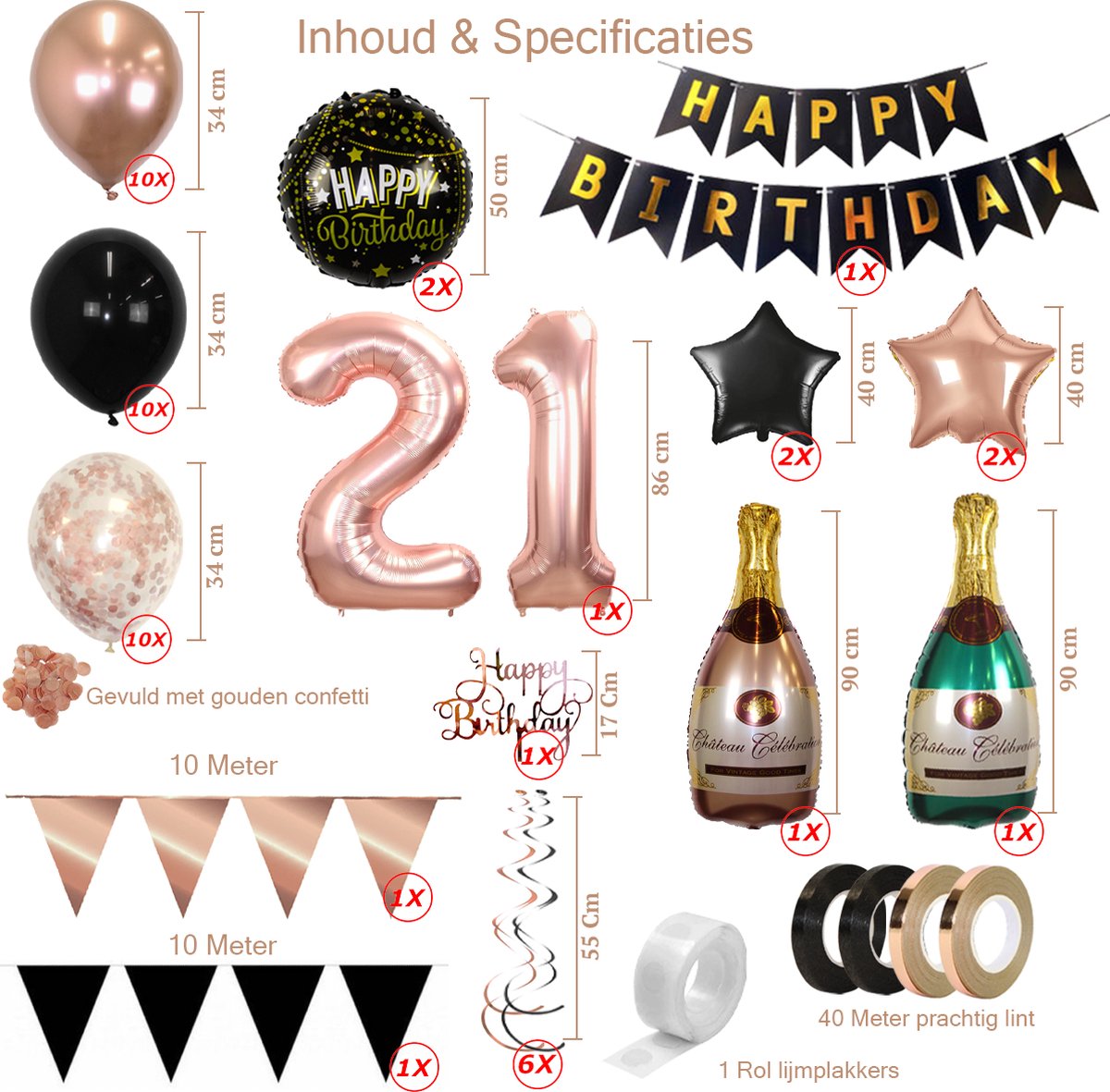 21 Jaar Feest Verjaardag Versiering Confetti Helium Ballonnen Slingers Happy Birthday Rose Goud & Zwart XL SET – 60 Stuks — afbeelding 2