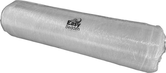 Opgerolde witte kindermatras verpakt in doorzichtige plastic folie, met een EasyBedden logo.