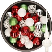 Decoris Kerstballen - 37 ST - kunststof - 6 cm - wit-rood-zilver-groen - met glazen piek