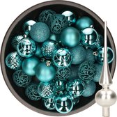 Decoris Kerstballen - 37x stuks - 6 cm - turquoise - kunststof - incl. glazen piek mat zilver