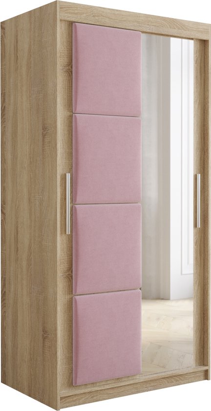 InspireMe - Kledingkast met 2 schuifdeuren, Modern-stijl, Kledingkast met planken, Kastfronten met spiegel en gestoffeerde panelen (BxHxD): 100x200x62 - TAPILA 100 - Sonoma Eik + Roze met 2 lades