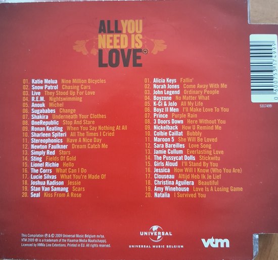 Compilatiealbum 'All You Need Is Love' met lijst van nummers en artiesten.