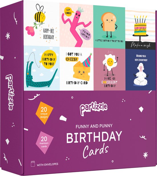 Partizzle 20x Leuke Verjaardagskaarten met Envelop Set - Verjaardag Wenskaarten Versturen - Kinderen & Volwassenen - 15x15 cm