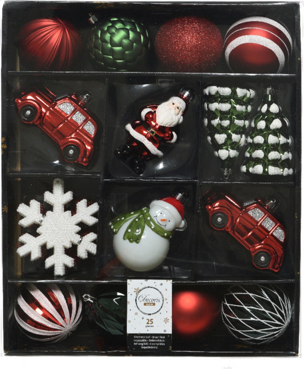 Decoris 50x stuks kersthangers/kerstballen rood/wit/groen - Onbreekbare plastic kerstboomversiering kerstornamenten Multi