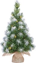 Kunst kerstboom/kunstboom in jute zak met verlichting en sneeuw 60 cm - Miniboompjes/kerstboompjes