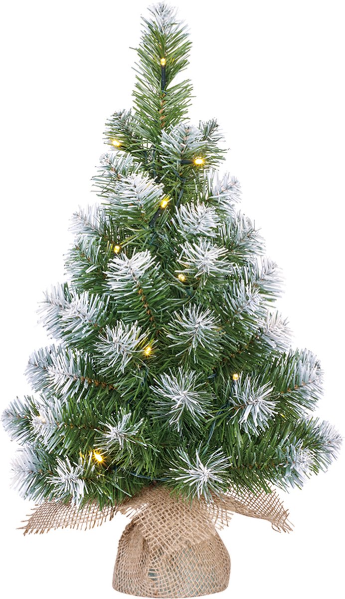 Mica Decorations Kunst kerstboom - kunstboom - in jute zak - met verlichting en sneeuw - 60 cm - Mini boompjes / kerstboompjes